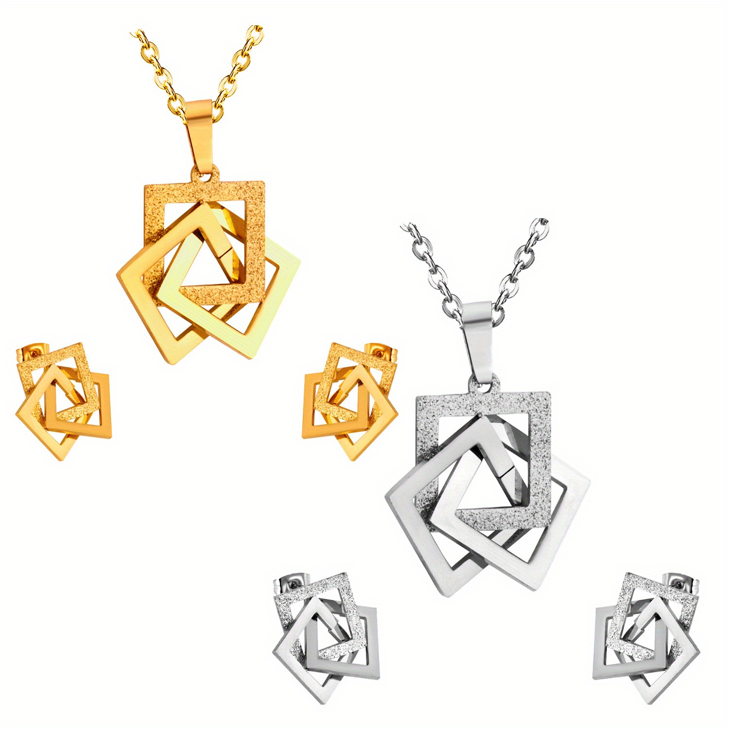 3pcs Set Square Necklaces and Stainless Steel Earrings for Everyday Wear